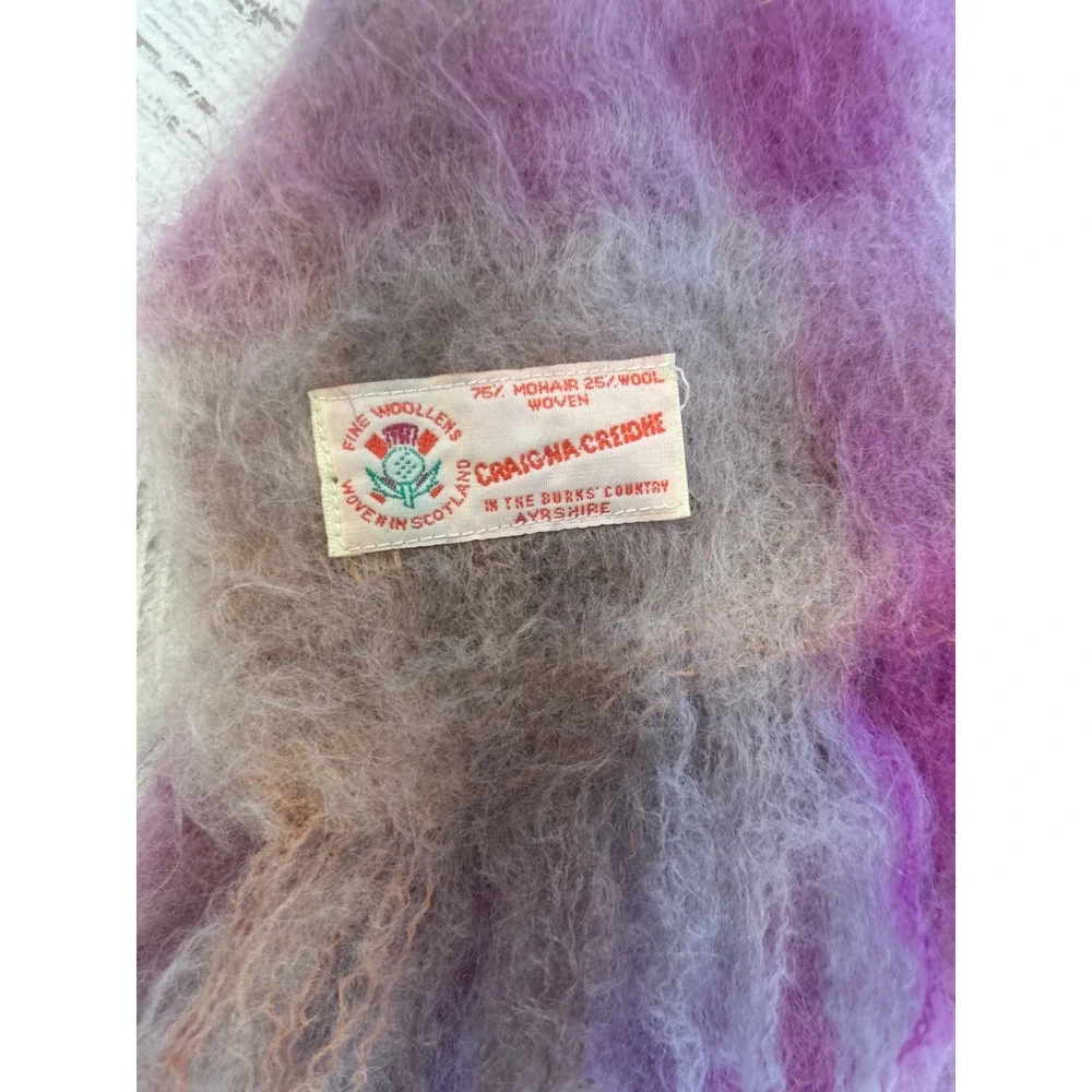 Vintage Cragie Creidhe Mohair Wool Plaid Scarf Purple Beige Woven‎ Scotland